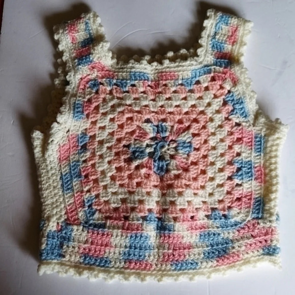 Vintage Y2K‎ Blue Pink White Grannycore Granny Square Crocheted Crop Sweater … - Picture 1 of 12